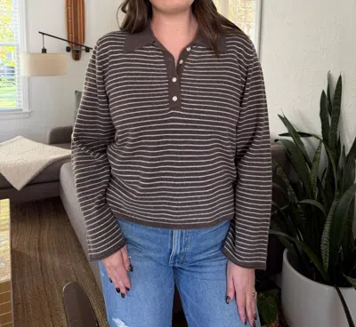 Miou Muse Asher Stripe Collared Long Sleeve Top In Taupe In Multi