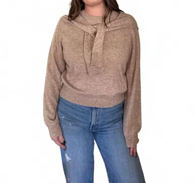 Miou Muse Athena Tie Drape Long Sleeve Sweater In Beige In Brown