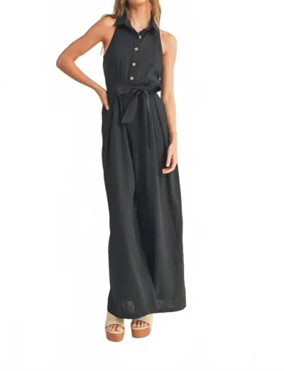 Miou Muse Blaine Linen Button Front Jumpsuit In Black