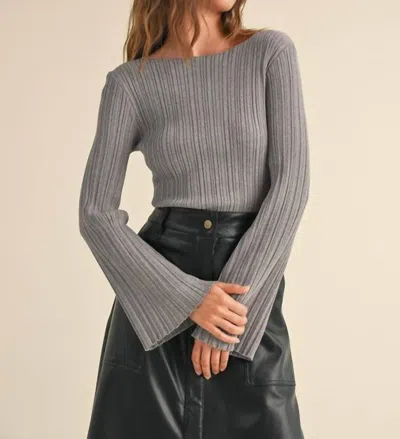 Miou Muse Boat Neck Ribbed Long Sleeve Top In Gray