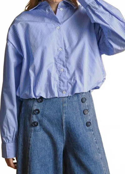 Miou Muse Bubble Hem Button Down Striped Top In Blue