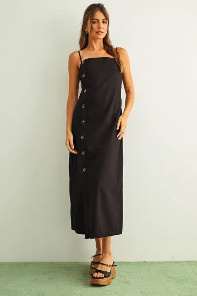 Miou Muse Button Detail Linen Long Dress In Black