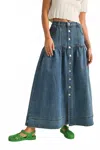 Miou Muse Button Front Bohemian Denim Maxi Skirt In Blue In Blue