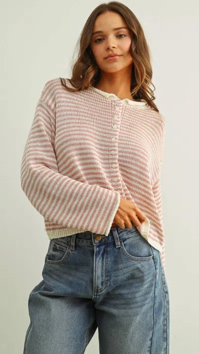 Miou Muse Button Front Knit Cardigan In Rose And White In Neutral
