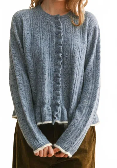 Miou Muse Button Front Ruffled Detail Sweater Cardigan In Blue