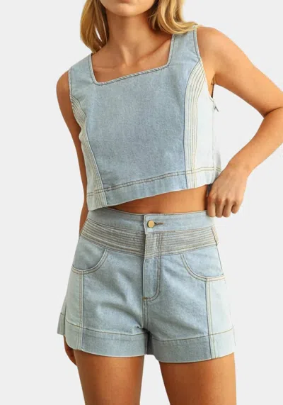 Miou Muse Cassie Color Blocked Top In Denim In Blue