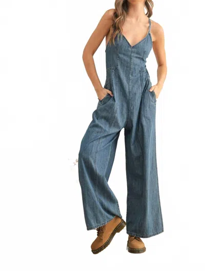 Miou Muse Chambray Denim Jumpsuit In Indigo Blue