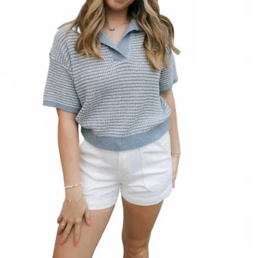 Miou Muse Collared Knit Top In Blue/ivory