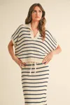 Miou Muse Collared Short Sleeve Top In Navy Stripe In White