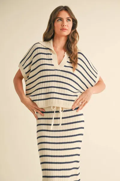 Miou Muse Collared Short Sleeve Top In Navy Stripe In Multi