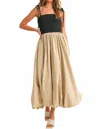 Miou Muse Contrast Balloon Dress In Tan,black In Multi