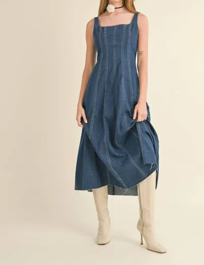 Miou Muse Corset Midi Paneled Dress In Denim In Multi