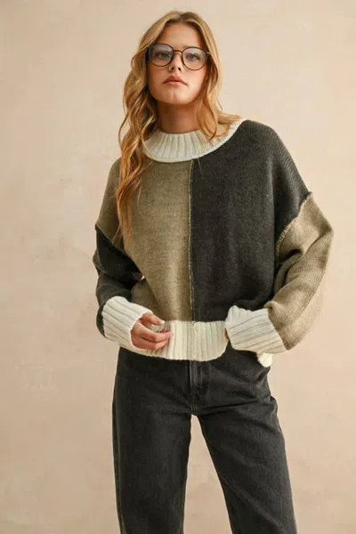 Miou Muse Cozy Contrast Knit Sweater In Olive Charcoal In Multi