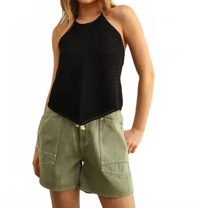 Miou Muse Crochet Knit Halter Neck Top In Black