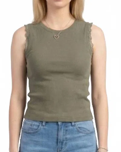 Miou Muse Crochet Ruffle Trim Ribbed Top In Olive In Green
