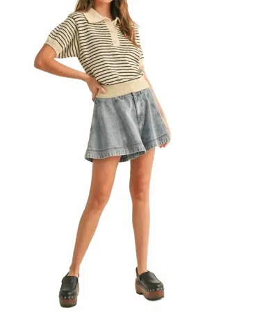 Miou Muse Demi Striped Knit Collared Top In Cream/black In Blue