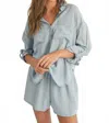 Miou Muse Denim Button Down Top In Sky In Blue