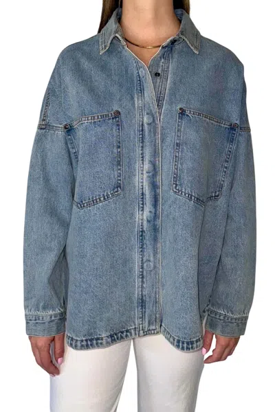 Miou Muse Denim Shacket With Front Pockets In Blue