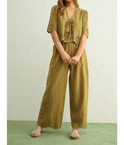 Miou Muse Embroidered Tie Front Top In Olive In Green
