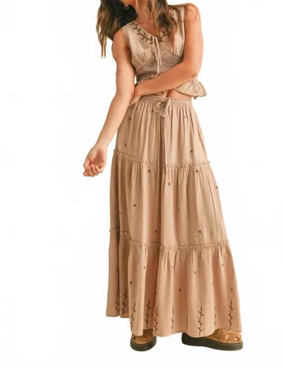 Miou Muse Embroidery Detail Smock Waist Top And Tiered Maxi Set In Beige