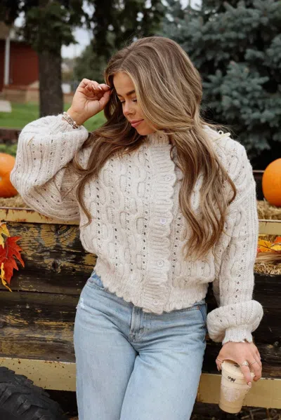 Miou Muse Emilia Scalloped Cable Knit Balloon Sleeve Cardigan In Beige In Neutral