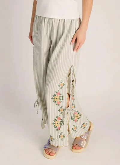 Miou Muse Floral Embroidery Striped Pant In Sage In Multi