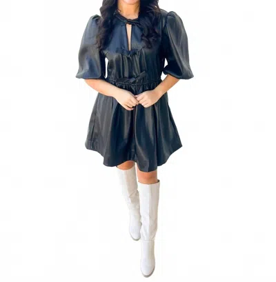 Miou Muse Half Of My Heart Pleather Puff Sleeve Dress In Black In Blue