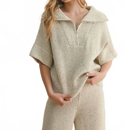 Miou Muse Half Zip Short Sleeve Knitted Top In Beige In Neutral