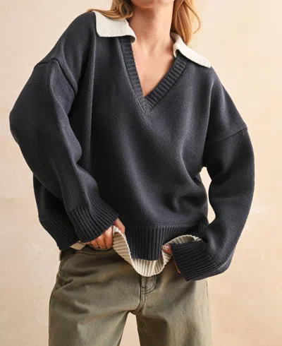 Miou Muse Hampton Knit Collar Sweater In Navy In Blue