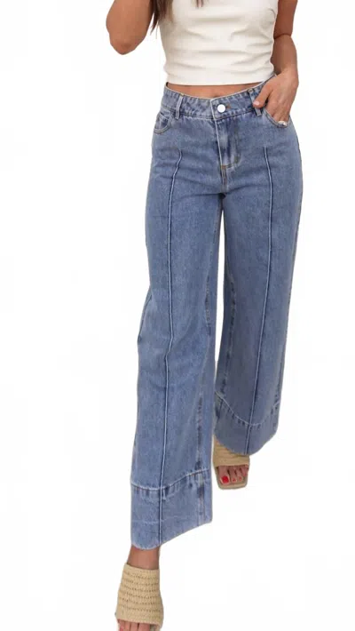 Miou Muse High-waisted Wide Hem Pants In Blue Denim