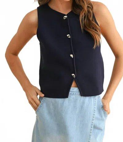 Miou Muse J'adore Sculpted Metal Button Knit Vest In Dark Cobalt In Black