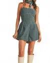 Miou Muse Lace-up Washed Denim Romper In Blue In Blue
