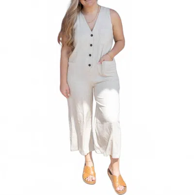 Miou Muse Laid-back Linen Button Down Jumpsuit In Beige In White