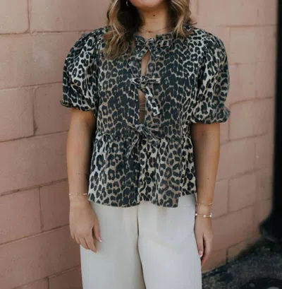 Miou Muse Leopard Tie Front Top In Black White Brown