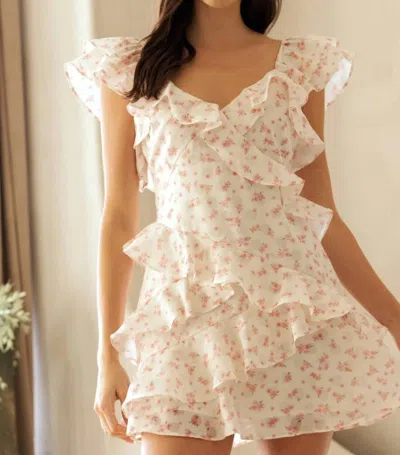 Miou Muse Libby Ruffle Mini Dress In Ivory And Pink Floral In Multi