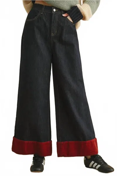Miou Muse Linden Wide Leg With Contrasted Cuffed Jeans In Blue