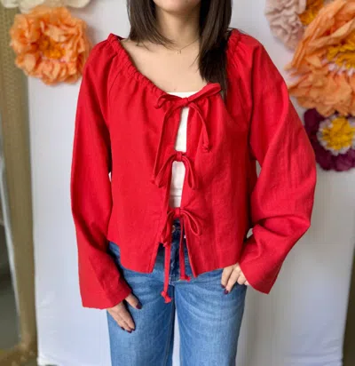 Miou Muse Linen Blend Tie Front Cardigan In Red