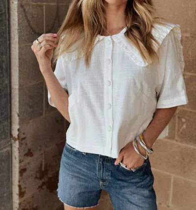 Miou Muse Linen Collared Short Sleeve Shirt In Off White