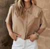 Miou Muse Linen Collared Short Sleeve Shirt In Tan