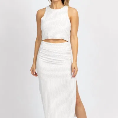 Miou Muse Linen Pinstripe Midi Skirt Set In White