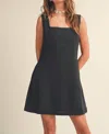 Miou Muse Linen Square Mini Dress In Black In Black