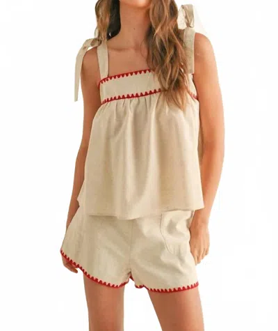 Miou Muse Linen Tape Detailed Tie Sleeve Top In Beige In Neutral