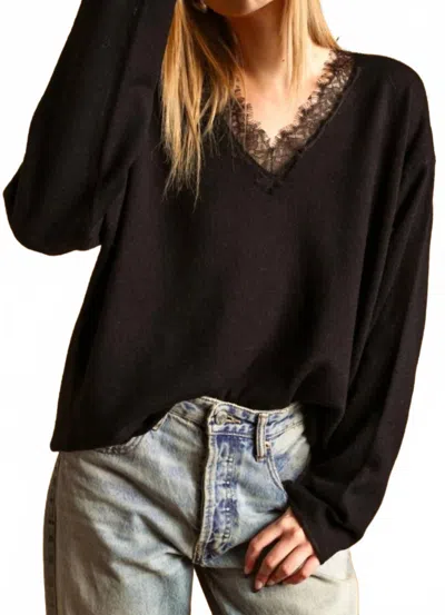 Miou Muse Long Sleeve Oversized Lace Contrasted Knit Top In Black