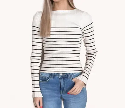 Miou Muse Long Sleeve Stripe Pattern Ribbed Knitted Top In Beige/black In White