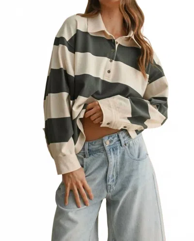 Miou Muse Long Sleeve Wide Panel Knitted Shirt In Olive/beige In Green