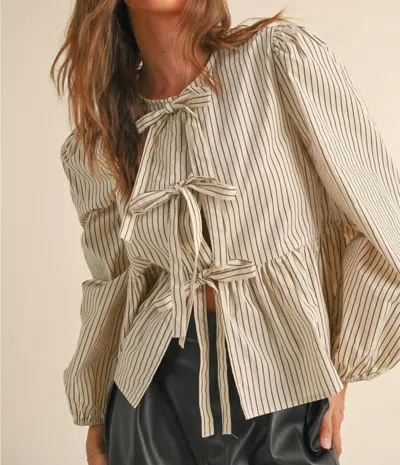 Miou Muse Luna Neutral Striped Cotton Tie Top In Beige