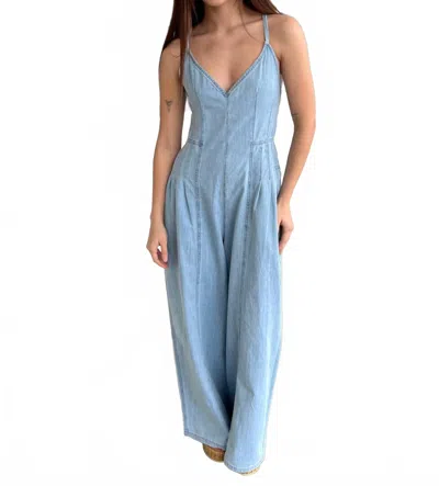 Miou Muse Luna Open Back Chambray Jumpsuit In Light Denim