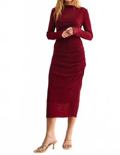 Miou Muse Lurex Detailed Mesh Draped Dress In Burgundy In Red