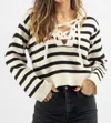 MIOU MUSE OUT EAST LACE-UP SWEATER IN BLACK STRIPE