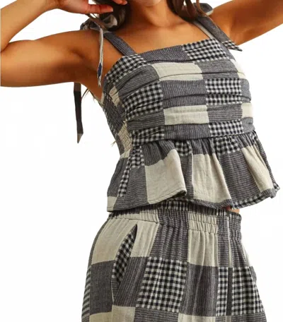 Miou Muse Peplum Patch Effect Top In Navy Gingham & Stripe In Multi